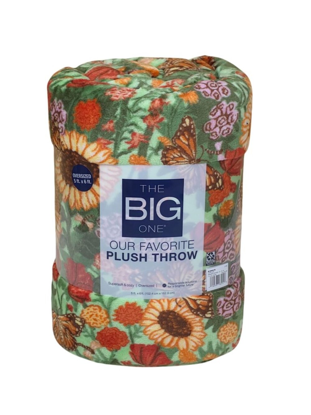 The Big One Oversized Plush Throw Blanket 5x6' Sunflower & Butterfly Print Green
